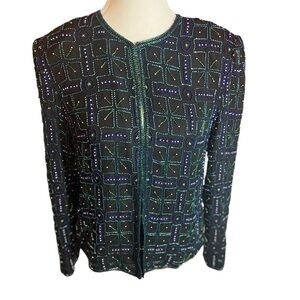 SCALA Vintage 80s Silk Beaded Jacket | Geometric Mermaid Core Party Blazer S